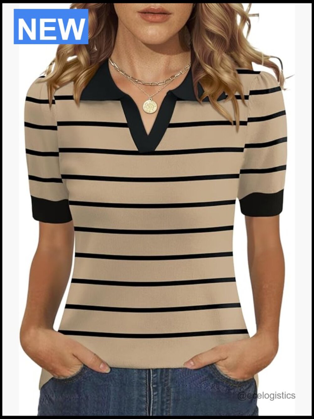 Puff Short Sleeve V Neck Polo Sweater Knit Pullover Blouse